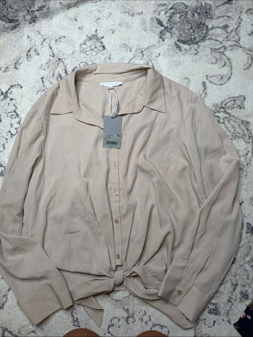 Preston & York Light Beige Tie-Front Button-Up Blouse